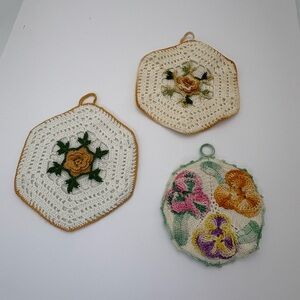 Theee Vintage Handmade Crochet Floral Pot Holders